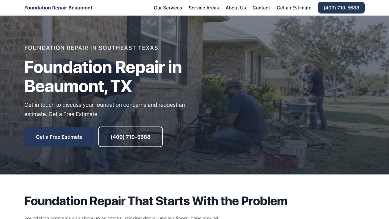 Actual homepage of the Beaumont foundation repair website